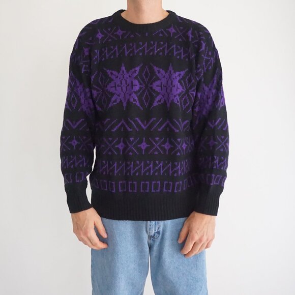 Vintage Kennin Motion Sweater Purple Black Geometric Nordic 80s Ski Retro Knit M - Picture 1 of 10